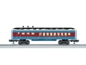 Red and blue vintage passenger train car on a white background