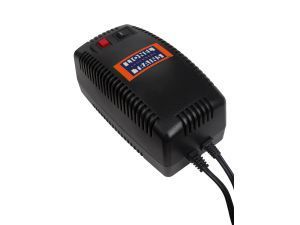 Black battery charger with red indicator light and plugged-in cord on a white background