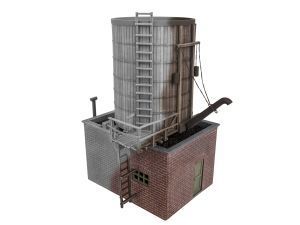 Industrial cooling tower with pipes and a ladder on brick and concrete base