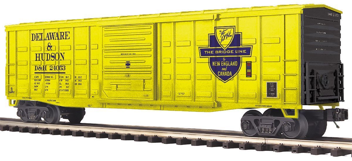 Yellow freight boxcar with blue emblem on a white background