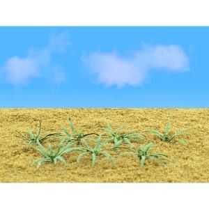 Dry grass field with small green plants under a blue sky with clouds