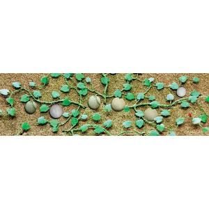 Assorted green and gray stones and leaves arranged in a decorative pattern on a brown background