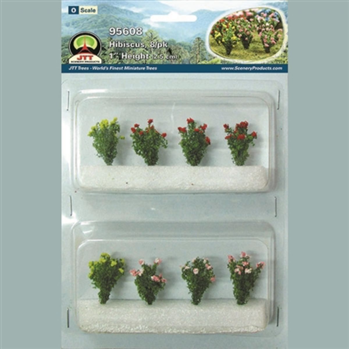 Two rows of small potted faux flowers in a clear plastic display package.