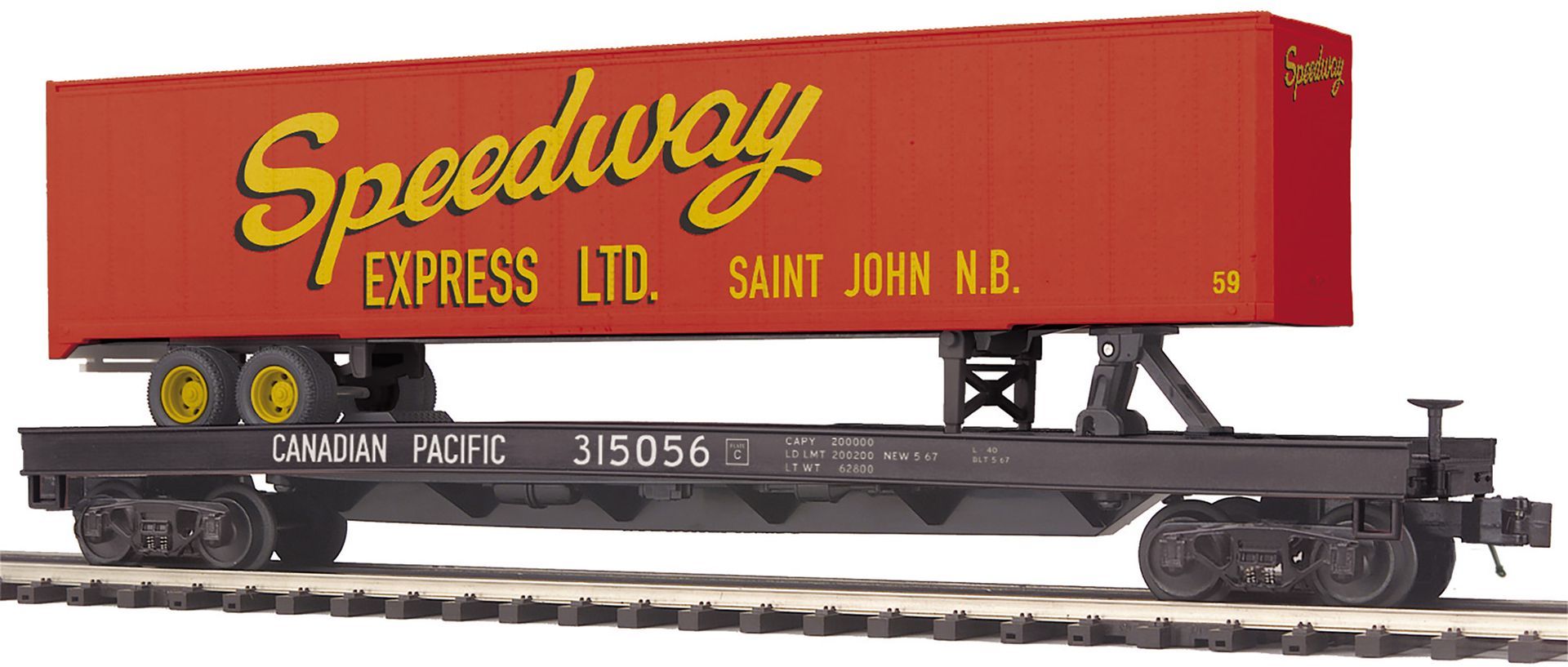 Red Speedway Express freight train car on tracks with yellow lettering and white cargo box