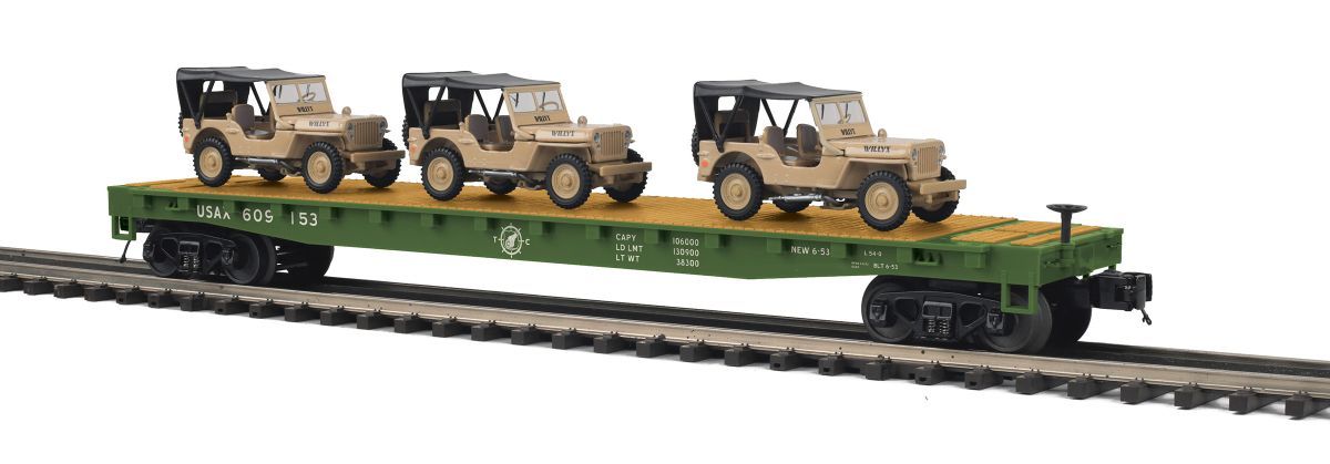 Three tan military trucks on a flatbed train car