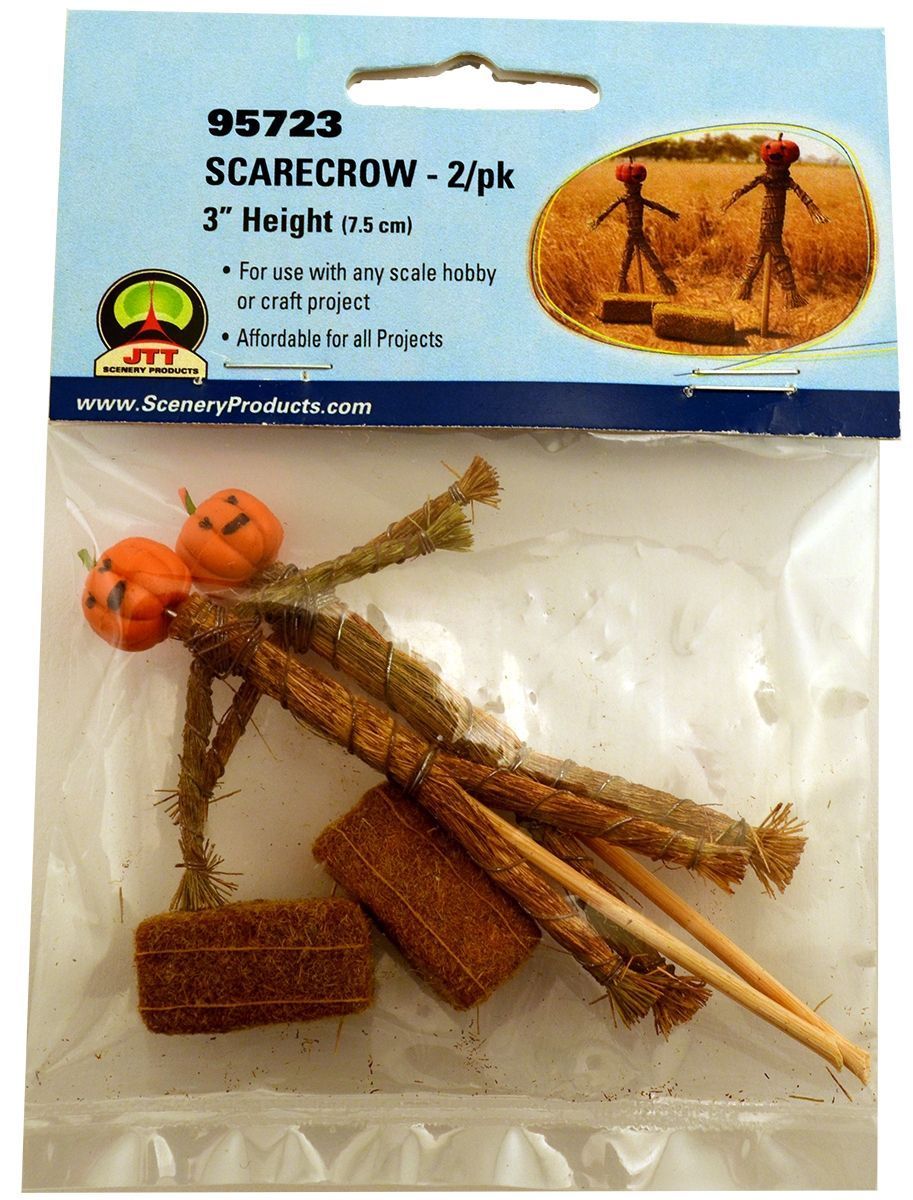 Halloween scarecrow miniature ornament in plastic packaging, 3-inch height, with straw body and pumpkins