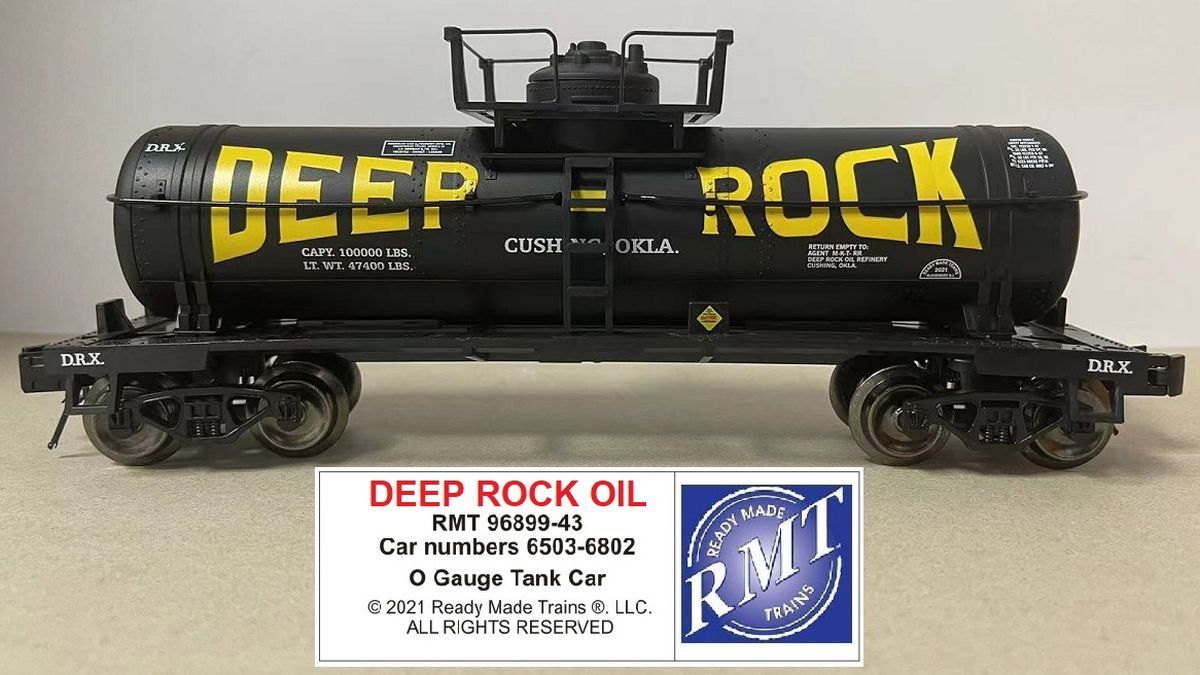 Black tanker railcar labeled “DEEP ROCK OIL” with a small company placard below