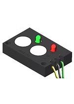 Black sensor module with two white lenses, red and green LEDs, and wires attached
