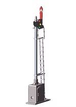 Tall industrial lifting column with a red top, black base, and vertical metal rail.