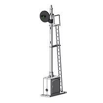 Railway signal mast with ladder and round signal light on a base cabinet