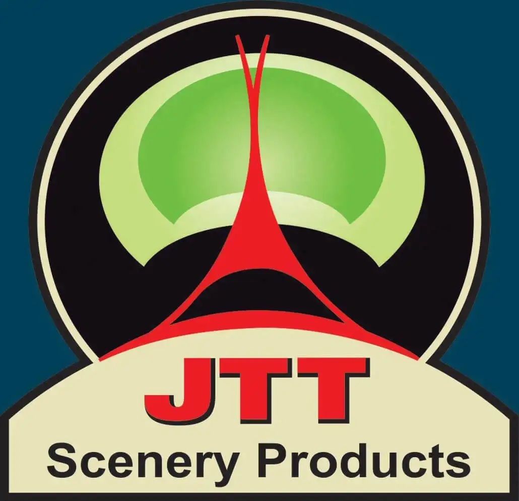 JTT Scenery Products logo with red stylized tower over green circle and cream banner text