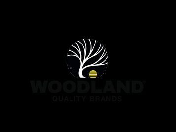 White tree logo with yellow sun above the words “WOODLAND QUALITY BRANDS” on a black background
