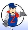 Cartoon plumber holding a wrench and pipe, wearing a blue hat and shirt with a red “Z” logo.