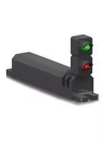 Black traffic signal with green and red lights on a small base