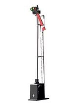 Tall black signal post with red light and small device at the top on a white background