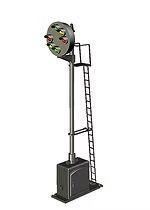 Tall railway signal with ladder and base cabinet, showing round green and red signal lights