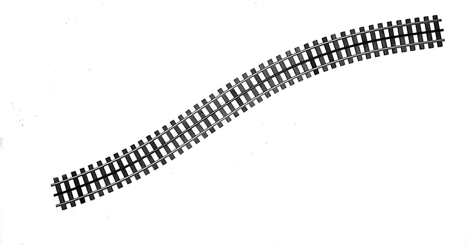 Curved black-and-white train track segment on a plain white background