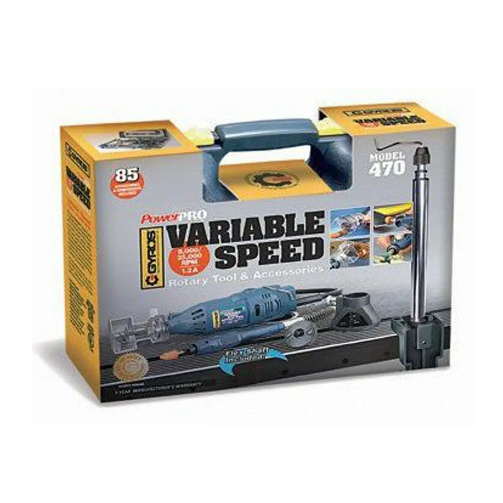 Model airplane kit box labeled “Variable Speed,” yellow and blue packaging with a jet illustration and 85 pieces