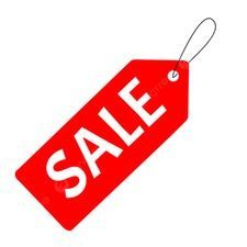 Red sale tag with white “SALE” text and a looped string.