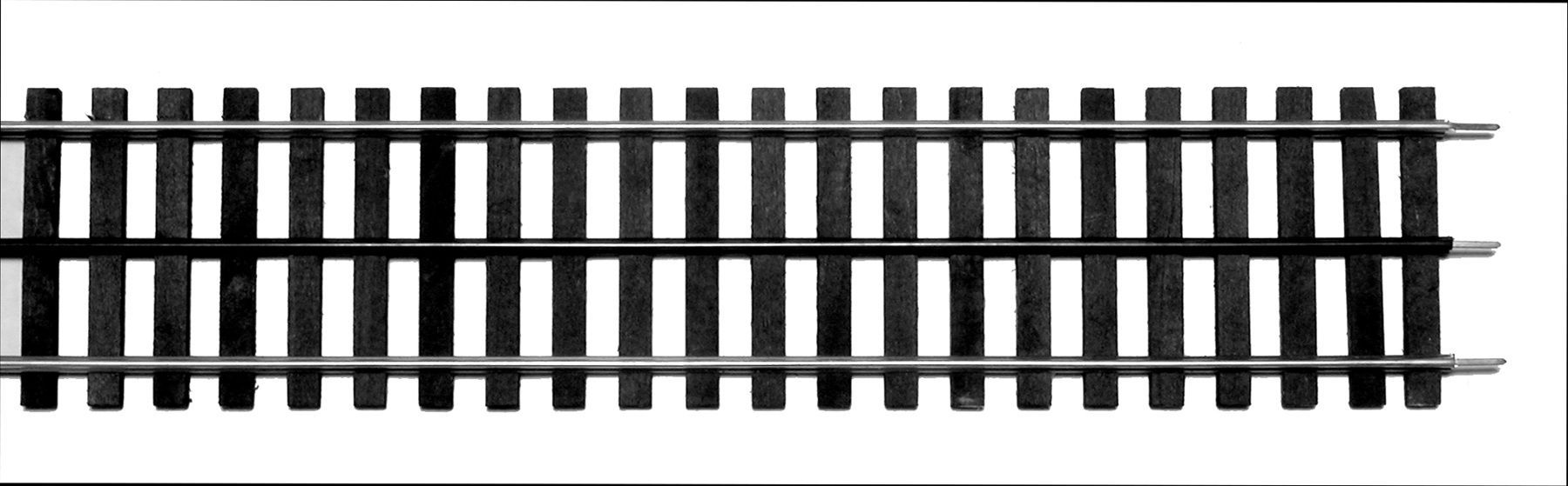 Straight railroad track segment with black rails and evenly spaced dark ties on a white background