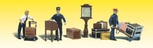 Four small figurines with vintage carts and baggage, arranged in a row on a light background.