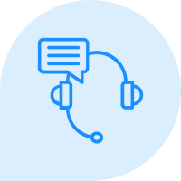 Blue outline of a headset and chat bubble on a light blue circle, suggesting customer service.