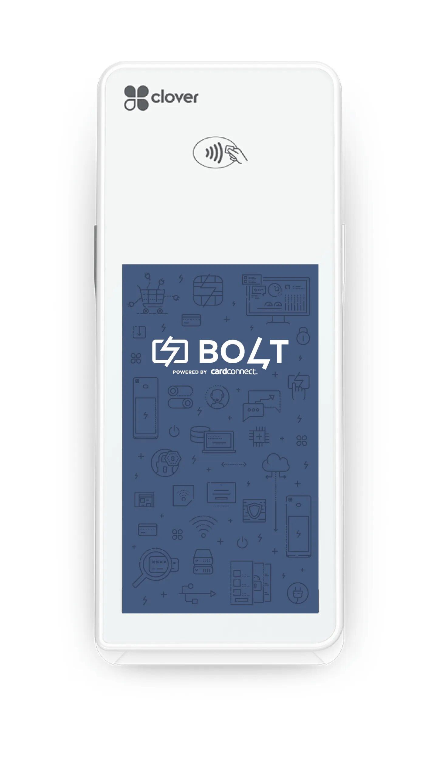 White Clover Bolt card reader with blue display showing logo and icons.