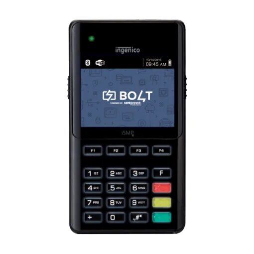 Black Ingenico Bolt point of sale terminal with a screen displaying the Bolt logo and a keypad.