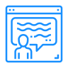 Blue outline of a person speaking in a speech bubble on a computer screen, indicating a virtual meeting or online lecture.