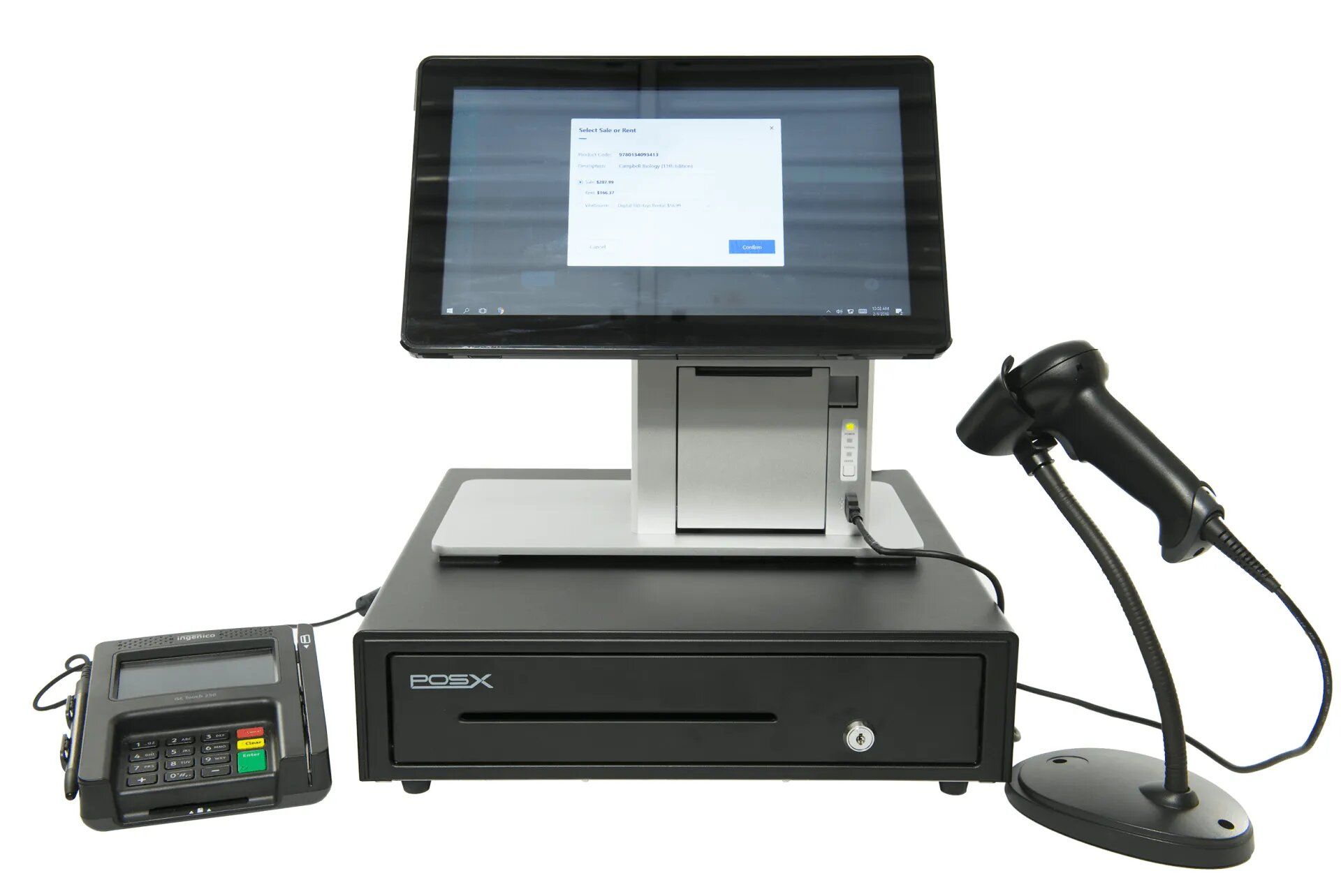 Point of Sale (POS) system with touchscreen, barcode scanner, credit card reader, and cash drawer.