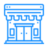 Blue outline of a building with a flat roof, two doors, and windows, likely a government or business.