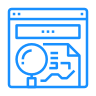 Blue icon of a webpage with a magnifying glass and chart, representing web analytics.
