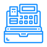 Blue line art of a cash register, including a keypad, display, and receipt printer.