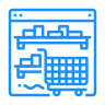 Blue graphic of a website with a shopping cart and shelves of items.