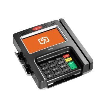 Black credit card terminal with an orange screen displaying a payment icon and a number keypad.