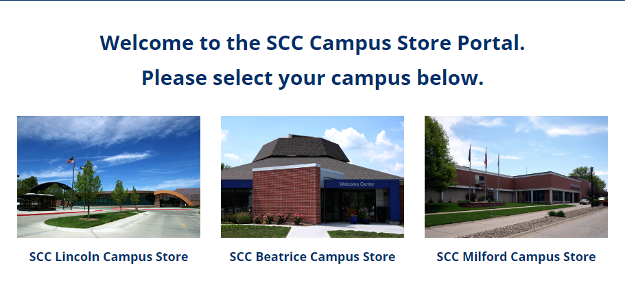 Campus store portal with options for Lincoln, Beatrice, and Milford campuses.