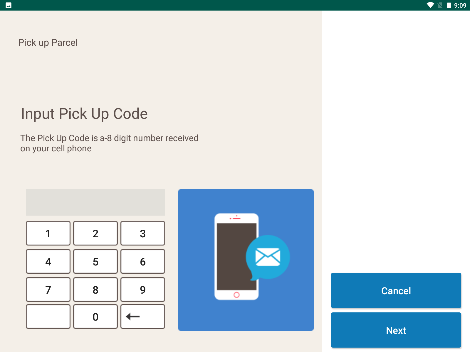 Interface for parcel pickup, with a keypad to input a code, a phone icon, and