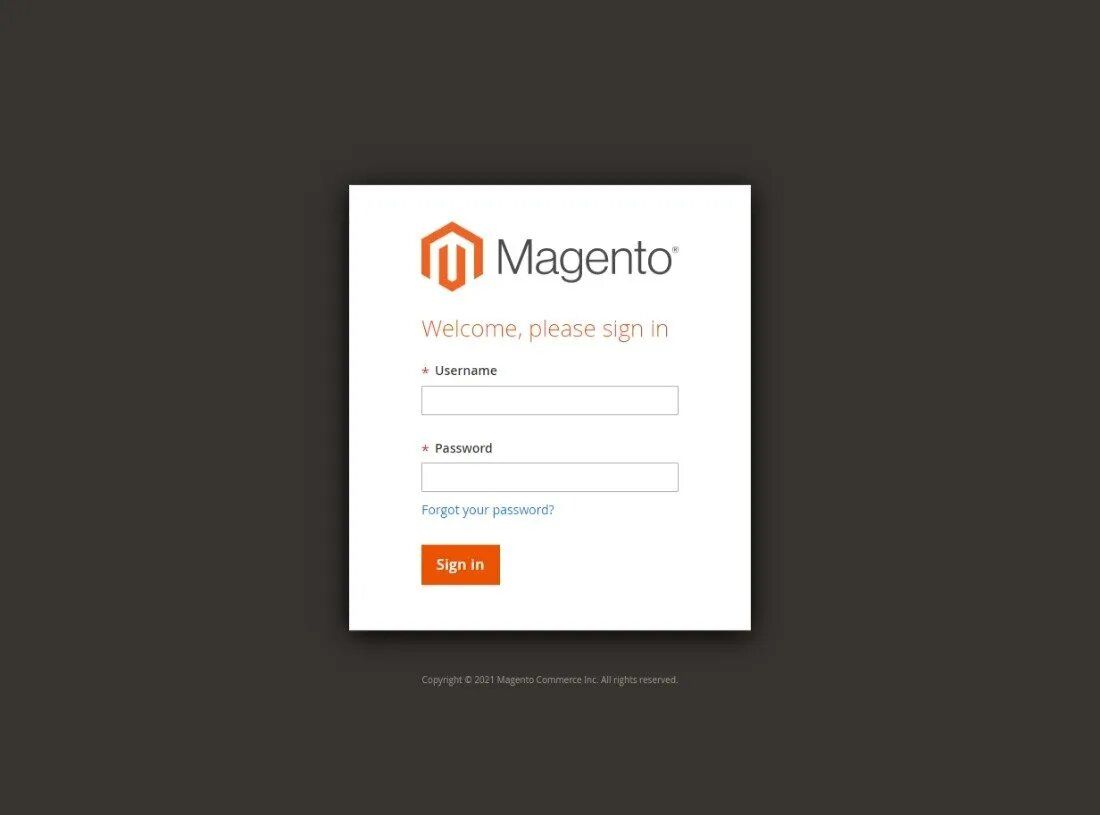 Magento login screen, username and password fields, orange