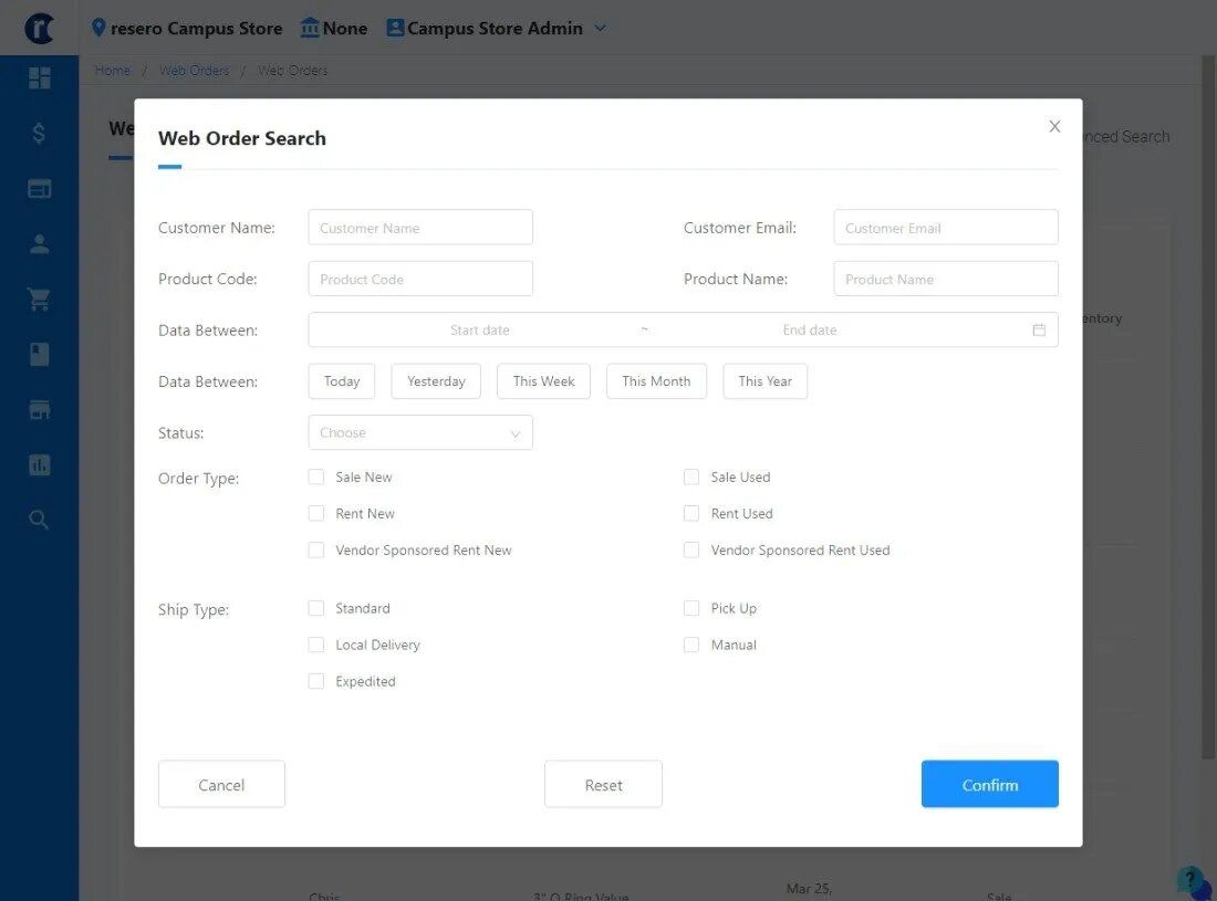Web data search dialog with various filter options.