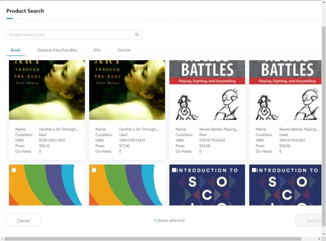 Product search results with book covers displayed.