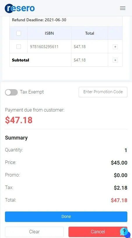Refund details and payment summary: total $47.18. Includes item, price, tax, and options for save or cancel.