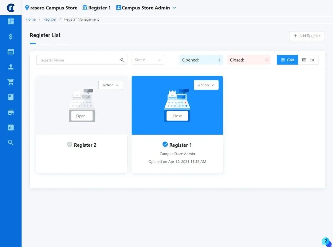 Register List: Interface showing two cash register options, one open, one closed; the second highlighted in blue.