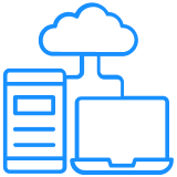 Blue outline of a smartphone and laptop connected to a cloud, illustrating cloud storage.
