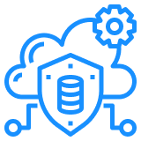 Blue cloud with gear, database, and shield, representing secure cloud data management.