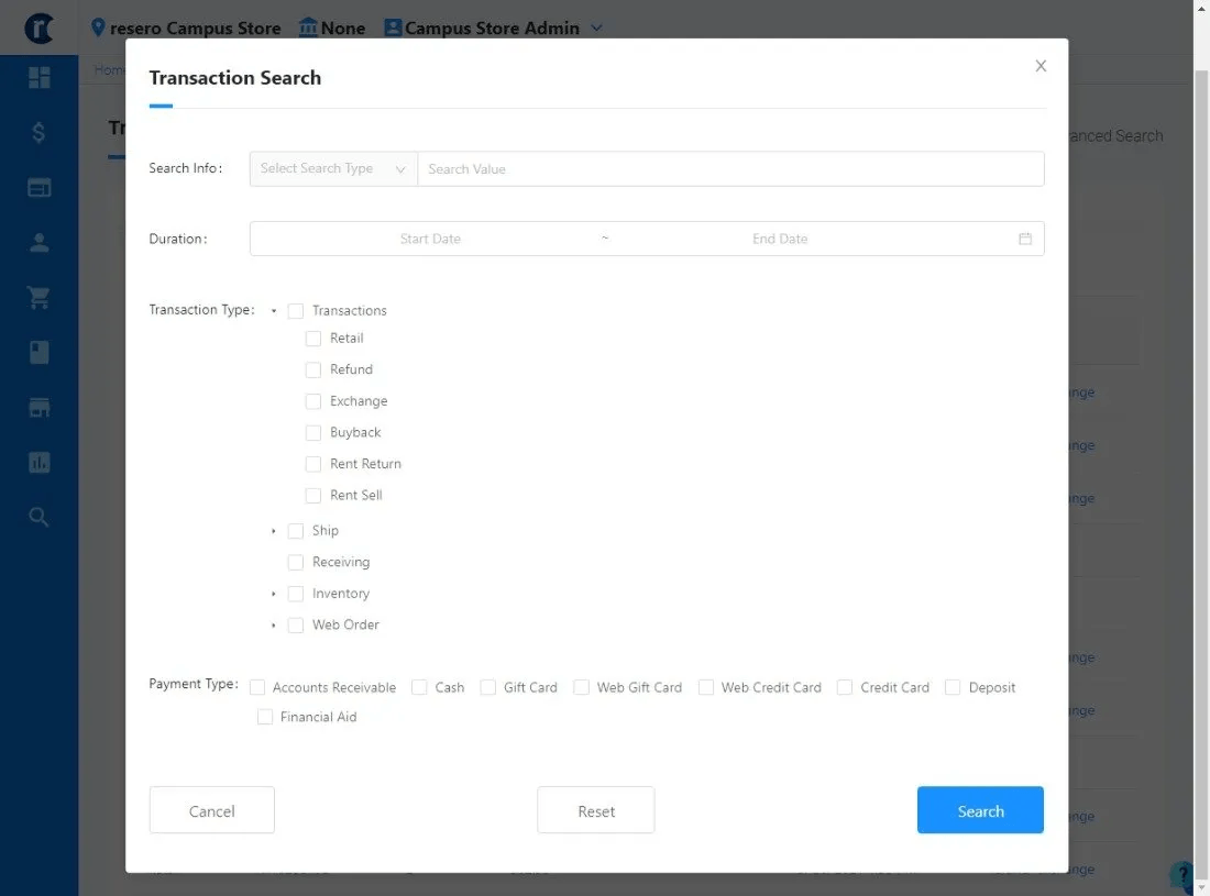 Transaction Report interface with search and filter options.