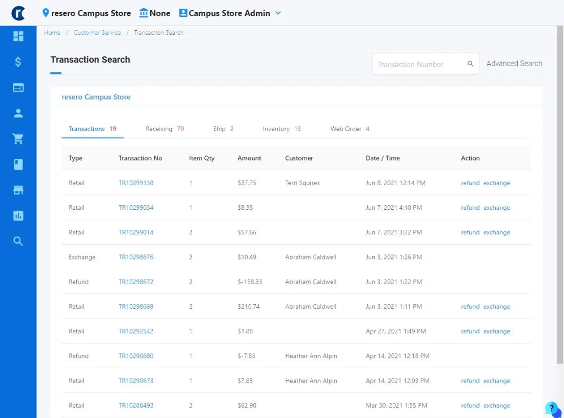 Transaction search interface, showing a list of transactions with details such as order, amount, buyer, and date.