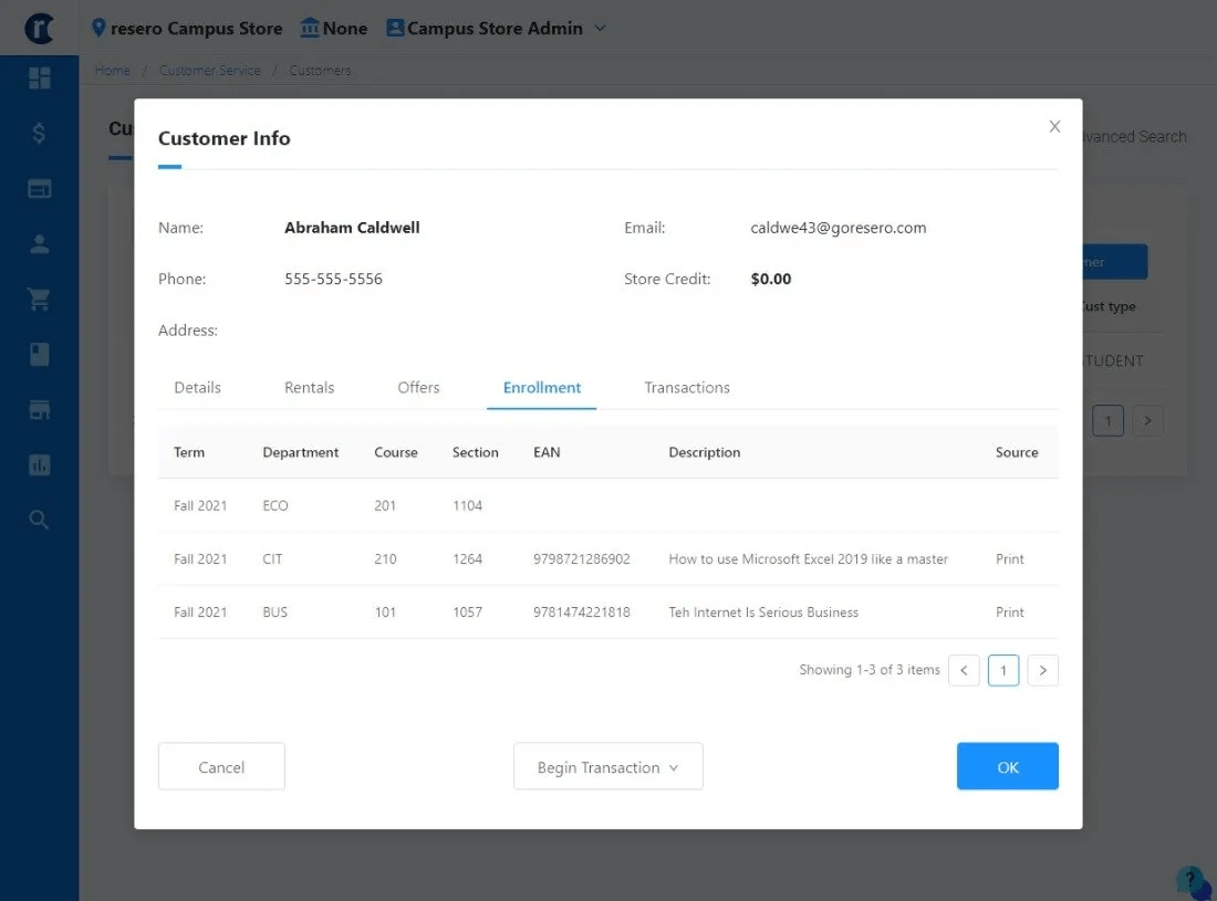 Modal window displaying customer information including name, email, phone, and a list of transactions with details.