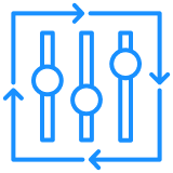 Blue graphic: three sliders inside a square frame with a looping arrow, suggesting adjustment or settings.