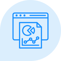 Blue line art: webpage with a document showing pie chart and line graph.