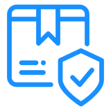 Blue package icon with shield and check mark, indicating protected delivery.